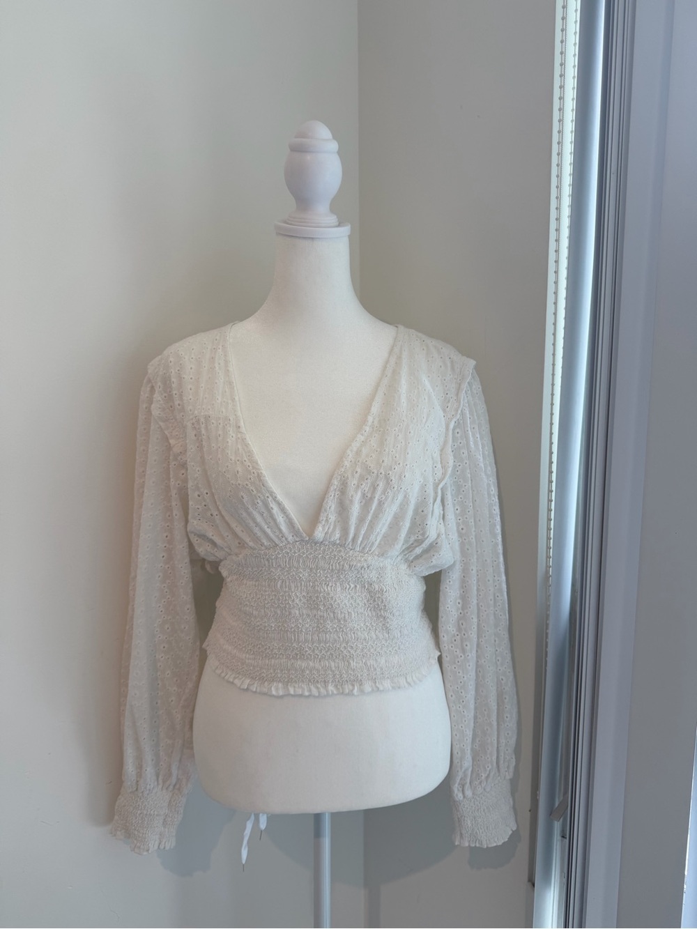 Smocked Waist White Eyelet V-Neck Blouse - Picture 2 of 4